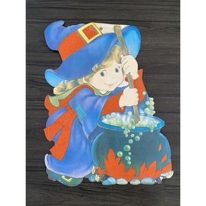 VTG 80's Girl Witch Cauldron Halloween Decoration Die Cut Double Sided 19x13"